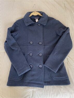 Warm Patagonia Women’s Blue Fleece Double Breasted Pea Coat Jacket Sz M Pockets